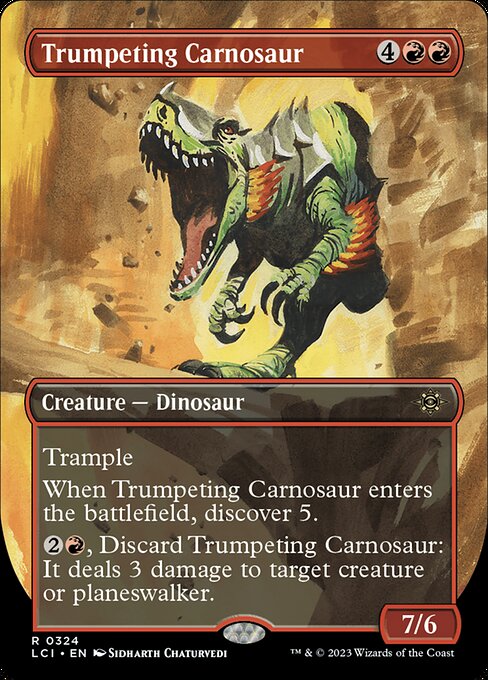 Trumpeting Carnosaur (324) - BORDERLESS (Foil) - The Lost Caverns of Ixalan